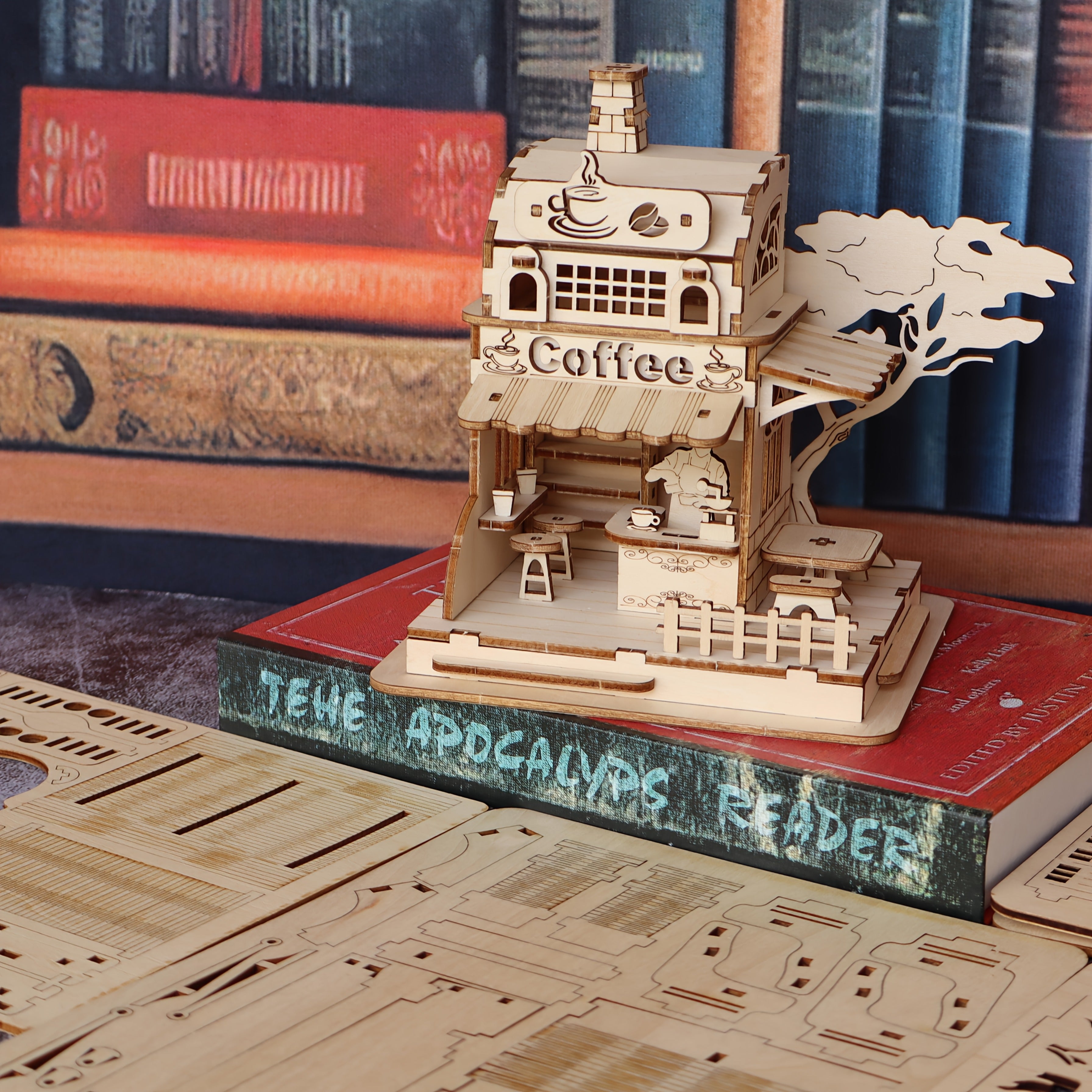 Coffee Shop 3D Wooden Puzzle Kit Miniature House Model with Artisan Coffee Machines DIY Build Creative Birthday Halloween Gift for Adults Teens