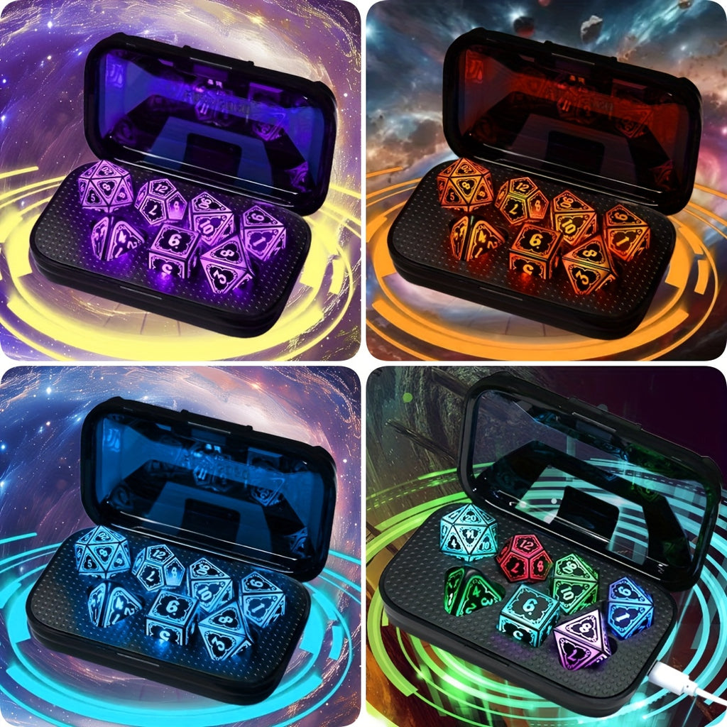 LED DND Dice Set with Wireless Rechargeable Charging Case 7 Polyhedral Glowing Dice – D4 D6 D8 D10 D12 D20 D100 for RPG Tabletop Games, Clear Numbers, 6Hr Battery, Christmas Halloween Gift