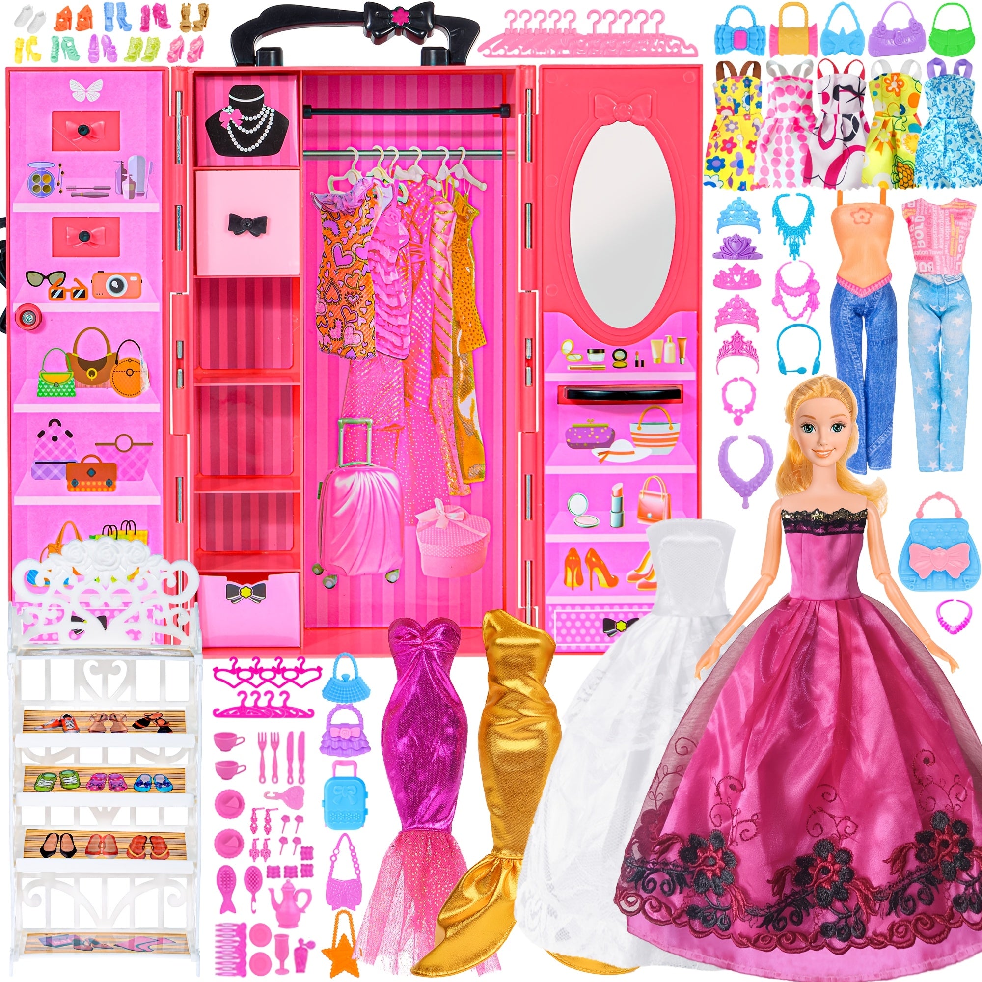 139pcs Doll Closet Wardrobe Playset for 11.5 Inch Fashion Dolls – Princess & Mermaid Dresses, Shoes, Hangers, Handbags, DIY Stickers & 50+ Accessories, Complete Fashion Gift for Girls Ages 3+