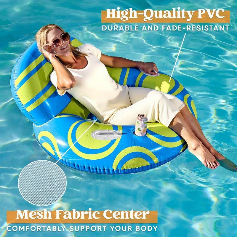Inflatable Pool Float Lounger for Adults – Floating Chair Sofa with Big Backrest Mesh Bottom Cup Holder Handle – Blow Up River Lake Raft for Pool Party (Blue Yellow)