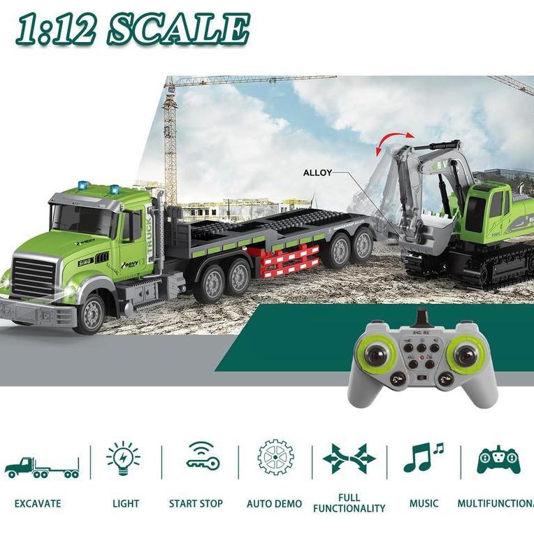 RC Flatbed Truck and Excavator Toy Set, 1:12 Scale 2.4GHz Rechargeable Construction Transporter with Lights, Sounds and Movable Digging Arm for Kids