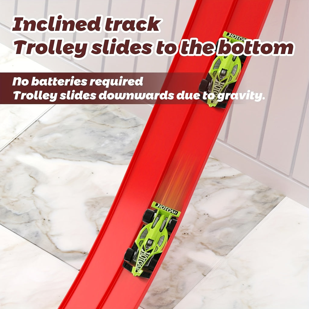 Flexible Toy Car Track Set 15ft with 4 Diecast Cars - Roll Up Race Track for Kids with Bumps Jumps Tunnels Loops, Attaches to Windows & Doors, Drop-Resistant Metal Cars, Racing Gift for Boys