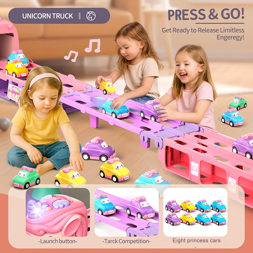 Pink Monster Truck Track Set with 8 Princess Cars – Light & Sound Friction Power, 2-Player Fold-Out Race Track Toy for Girls Boys Ages 3 4 5