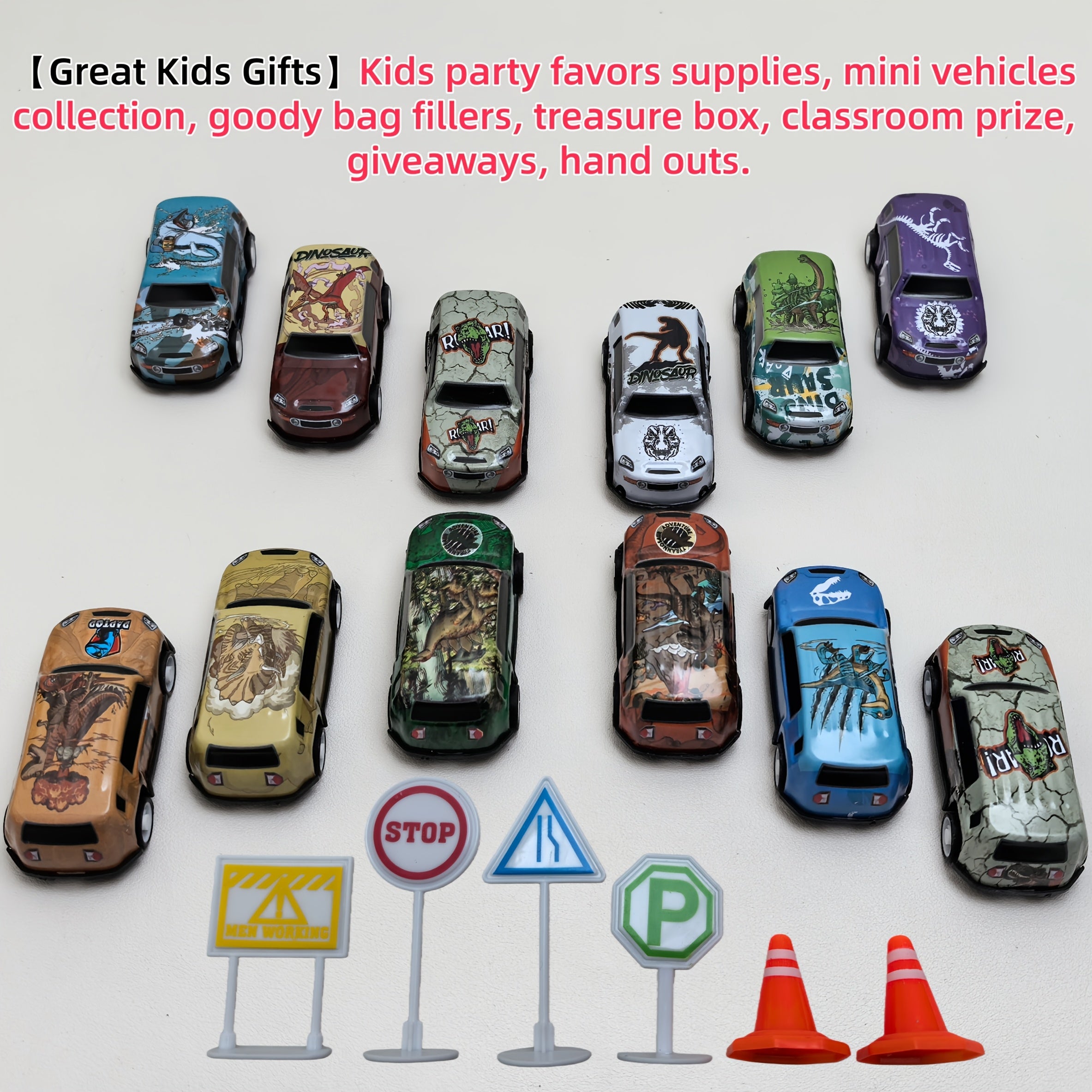 Dinosaur Toy Car Set 29-30pcs Pull Back Mini Racing Cars with City Traffic Map T-Rex Spinosaurus Figures No Battery Kids Party Favors Boys Girls Ages 3+ Gift