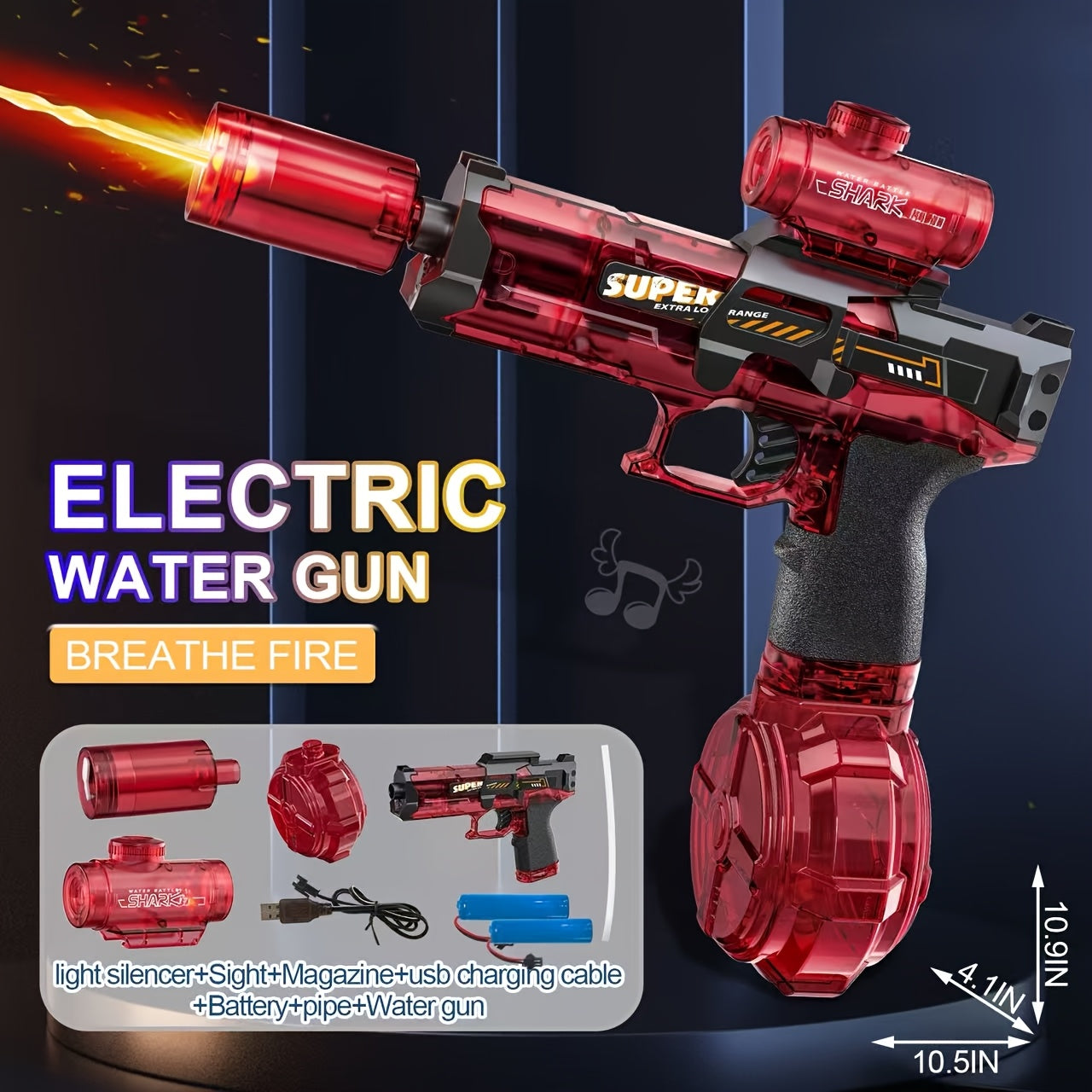 Electric Water Gun Handheld 32 Feet Range, Fire Pulse Flame Bubble Effect with LED Light & 2 Rechargeable Batteries, High Capacity Squirt Gun for Kids & Adults Pool Beach Backyard Outdoor Toy