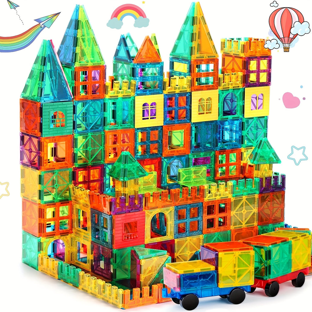 Magnetic Tiles 120pcs with 2 Cars STEM Building Set - Educational Magnet Puzzle Stacking Blocks Architecture Toy for Boys Girls Ages 3+
