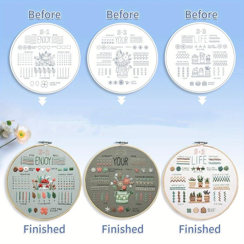 Embroidery Starter Kit for Adults, Beginner Floral Stamped Patterns with 33 Stitch Techniques, 7-Inch Hoop, Colorful Threads and Sewing Tools