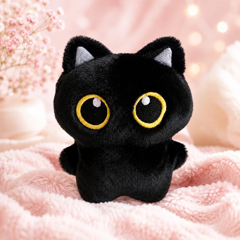Big Eye Black Cat Plush Toy, Pocket-Sized Kitty Stuffed Animal for Desk and Bedroom Decor, Cute Cat Lover Birthday and Holiday Gift