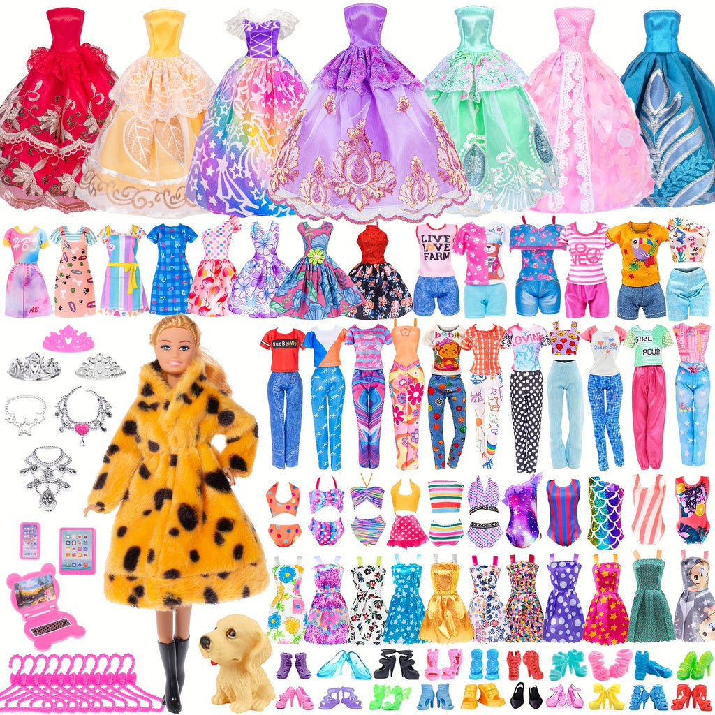 47pcs Fashion Doll Set 11.5 Inch with Fur Coat, Princess Gowns, Dresses, Shoes, Dog & Crowns – Complete Doll & Clothes Gift for Girls Ages 4-12, Mix & Match Wardrobe Included