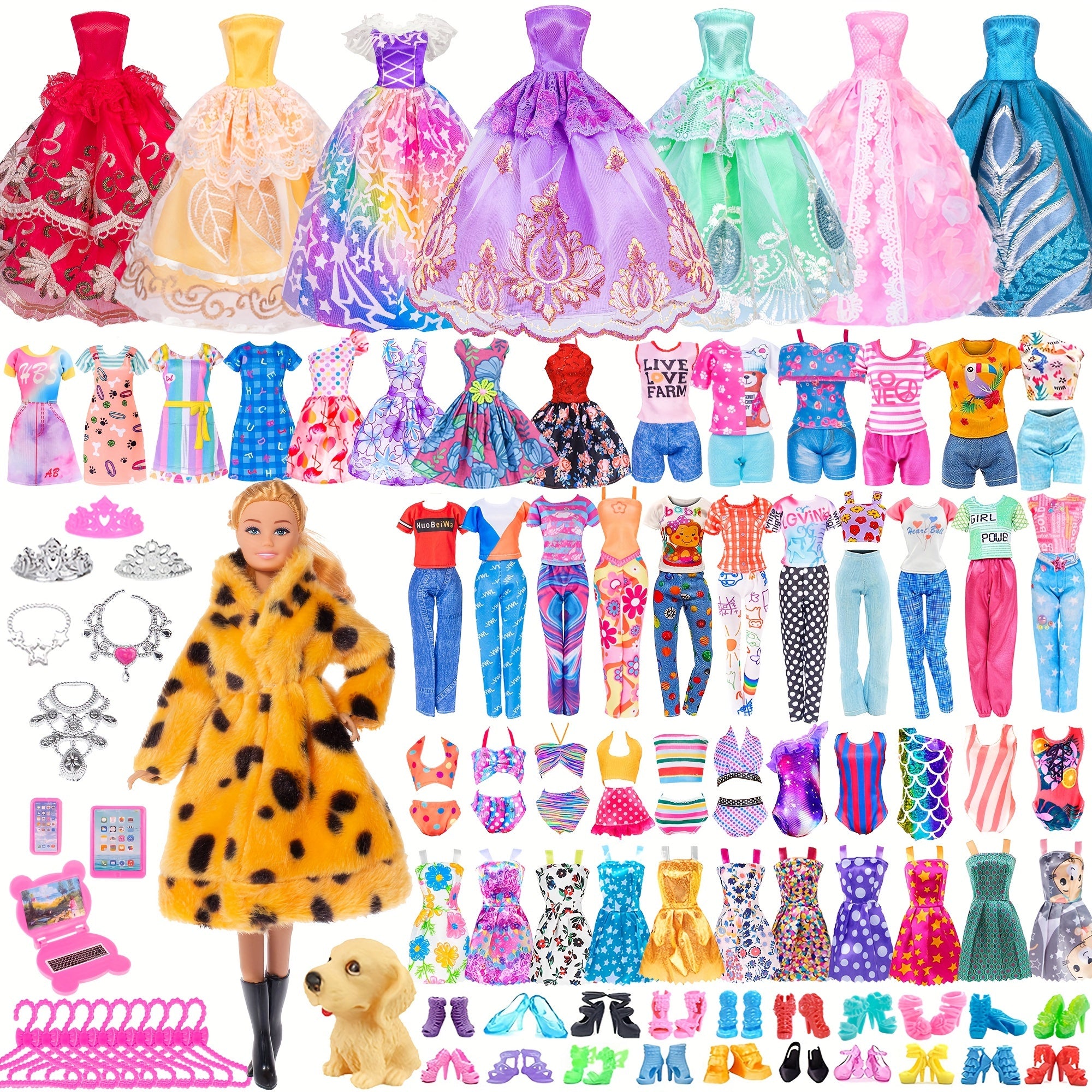 47pcs Fashion Doll Set 11.5 Inch with Fur Coat, Princess Gowns, Dresses, Shoes, Dog & Crowns – Complete Doll & Clothes Gift for Girls Ages 4-12, Mix & Match Wardrobe Included