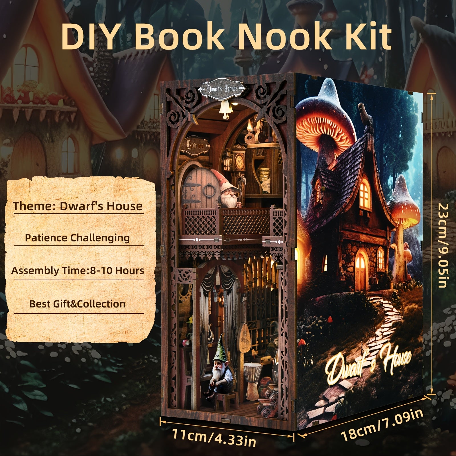 ASLOWSNAIL 3D Wooden Book Nook Kit - Dwarf House Miniature DIY Bookshelf Insert, Intricate Dark Wood Adult Puzzle & Shelf Decor, Unique Birthday 4th of July Gift for Teens Adults Ages 14+