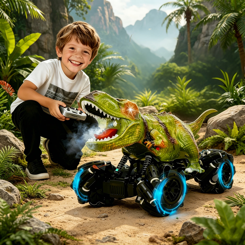 4WD Dinosaur Monster Truck RC Car with LED Lights Music & Ergonomic Handle - 2.4GHz All-Terrain Off-Road Remote Control Stunt Car Large Tires for Kids Boys Girls Birthday Gift