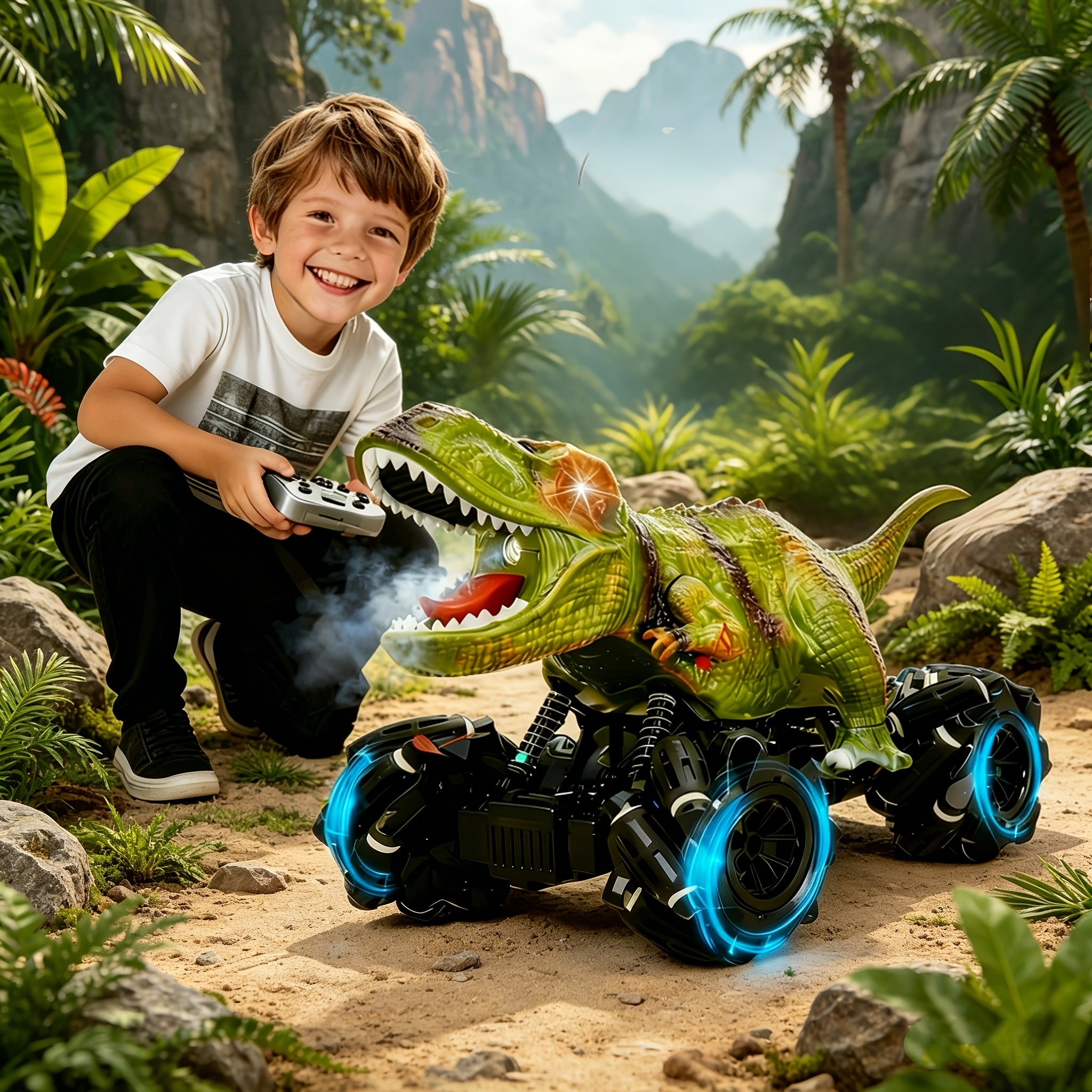 4WD Dinosaur Monster Truck RC Car with LED Lights Music & Ergonomic Handle - 2.4GHz All-Terrain Off-Road Remote Control Stunt Car Large Tires for Kids Boys Girls Birthday Gift