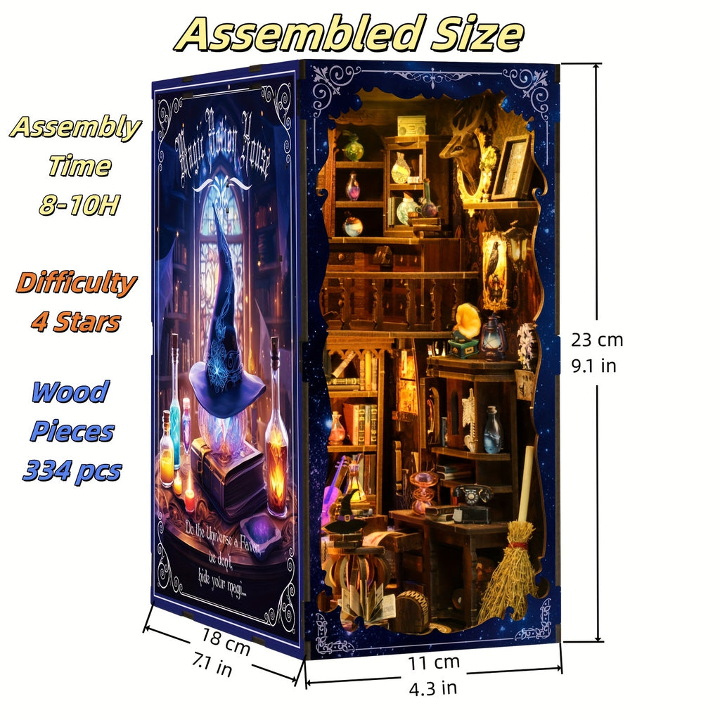 Book Nook Kit DIY Miniature House with LED Light – Magic House Wood Dollhouse Bookshelf Insert Puzzle, 334 Pieces, Gift for Teens and Adults