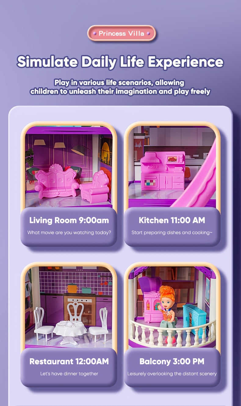 Dollhouse for Girls Ages 3-10 with Doll Figures Puppies Furniture Accessories LED Light - 6 to 16 Room Purple Playhouse, Imaginative Pretend Play Toy, Birthday Christmas Easter Gift for Girls