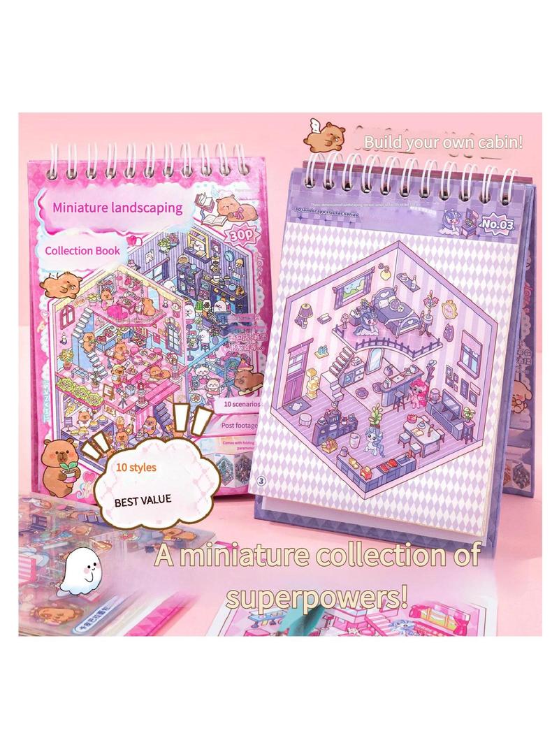 3D Sticker Book for Adults, DIY Miniature House and Shop Scenes with Cute Cartoon Animals, Isometric Sticker Craft with Tweezers