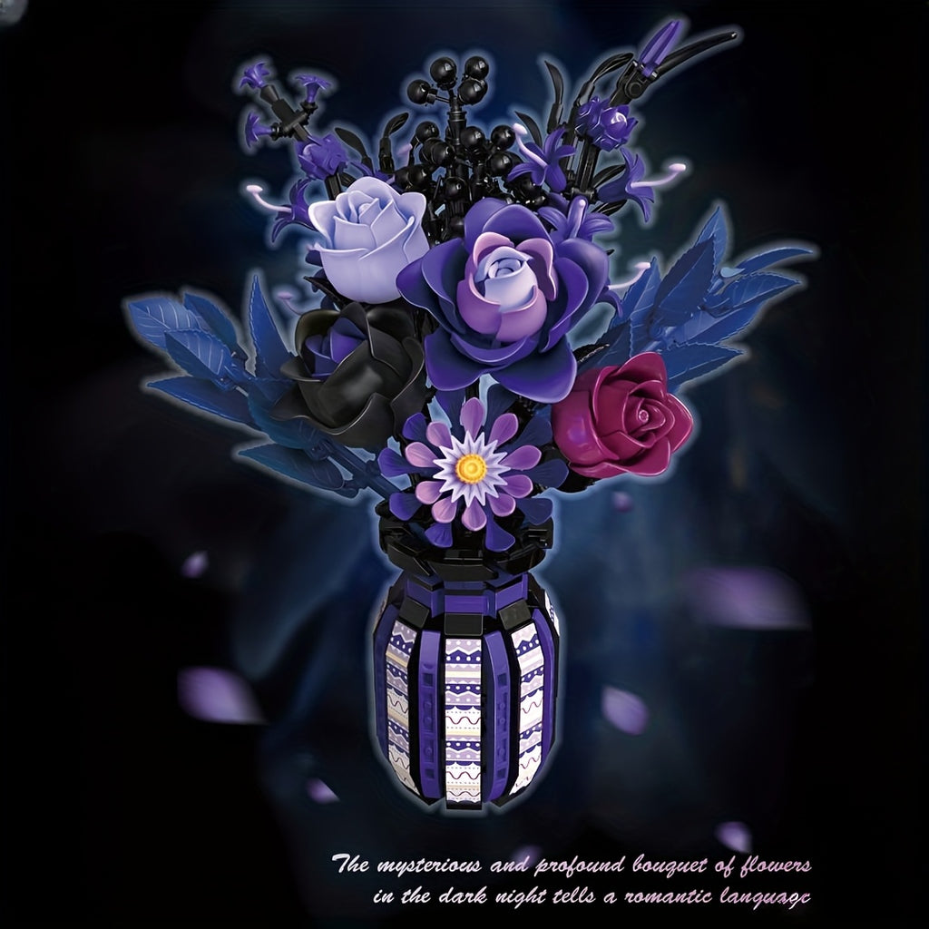 Flower Bouquet Building Blocks 1218pcs Gothic DIY Floral Vase Kit – Artificial Flower Arrangement for Home & Office Decor – Birthday Valentine Mother's Day Christmas Gift for Women
