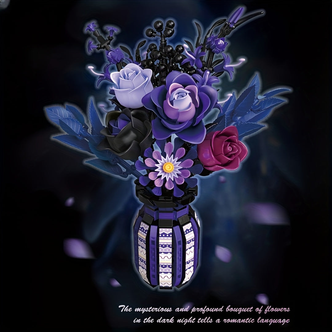 Flower Bouquet Building Blocks 1218pcs Gothic DIY Floral Vase Kit – Artificial Flower Arrangement for Home & Office Decor – Birthday Valentine Mother's Day Christmas Gift for Women