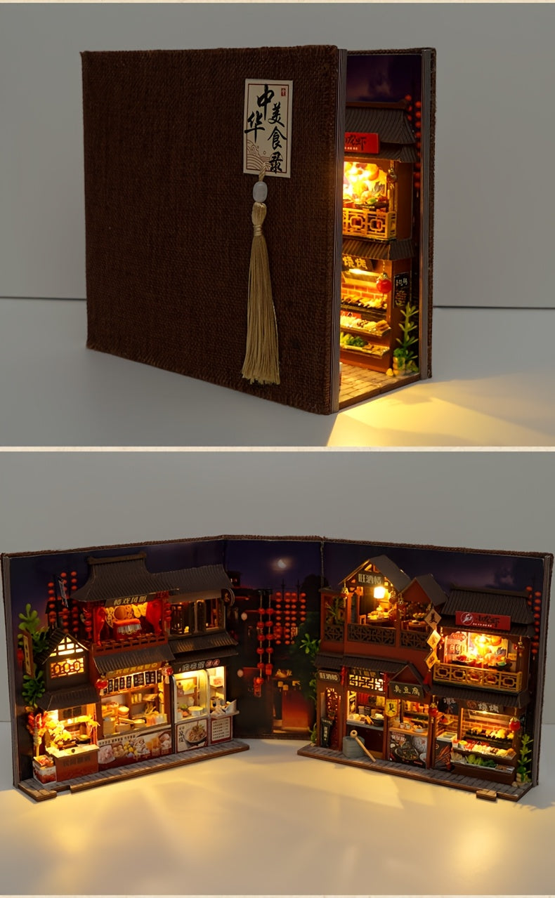 Book Nook Kit DIY Miniature Chinese Food Street – 3D Wooden Puzzle Bookshelf Insert Dollhouse Home Decor Gift for Teens Adults Birthday Christmas No Glue No Battery
