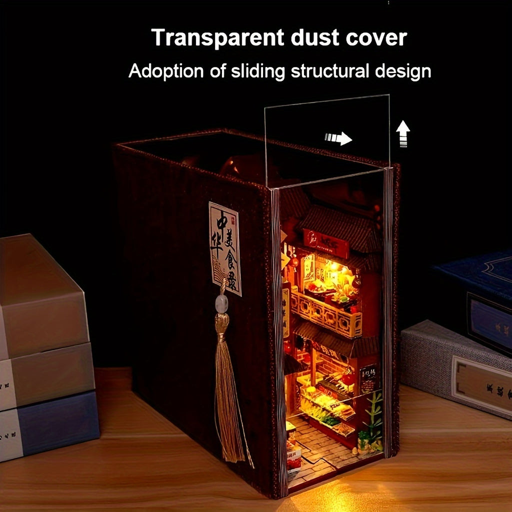 Book Nook Kit DIY Miniature Chinese Food Street – 3D Wooden Puzzle Bookshelf Insert Dollhouse Home Decor Gift for Teens Adults Birthday Christmas No Glue No Battery