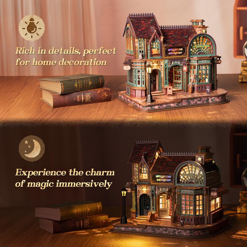 Magic Bookstore 3D Wooden Puzzle Kit, FUNPOLA 447-Piece Spellbound Bookshop with Color-Changing LED Lights, DIY Miniature Gift for Adults & Teens