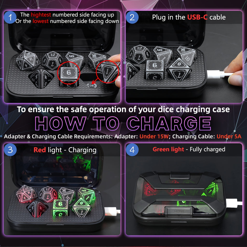 LED DND Dice Set with Wireless Rechargeable Charging Case 7 Polyhedral Glowing Dice – D4 D6 D8 D10 D12 D20 D100 for RPG Tabletop Games, Clear Numbers, 6Hr Battery, Christmas Halloween Gift