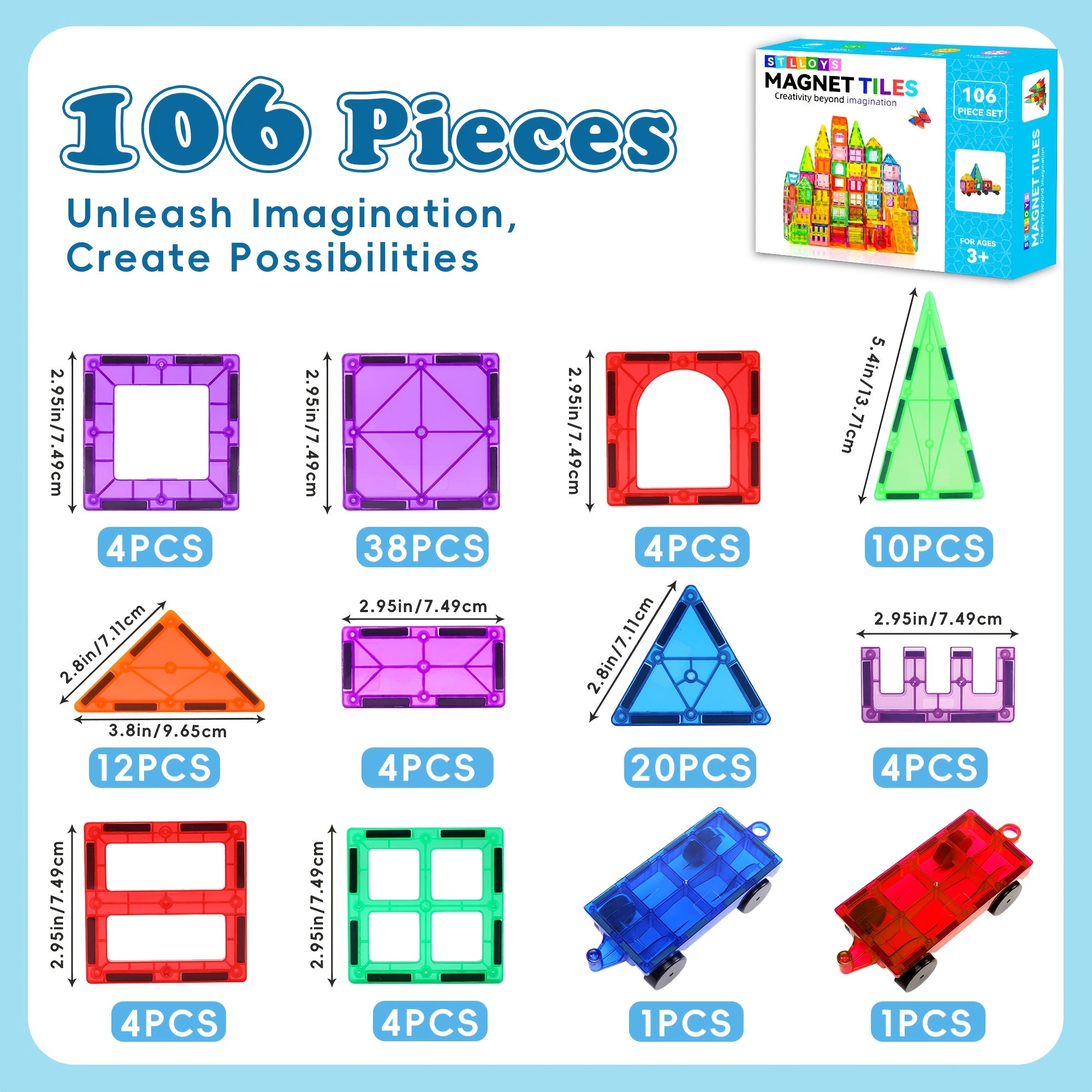 Magnetic Tiles with Cars 106pcs 136pcs STEM Magnet Construction Building Toy for Kids Boys & Girls Ages 3-9 - Birthday Gift