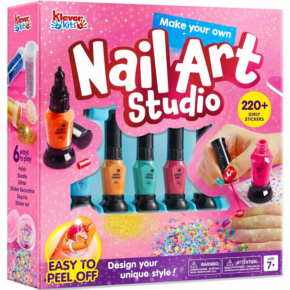 Kids Nail Polish Art Kit for Girls - Non-Toxic Nail Studio with 6 Color Polishes, Glitter, 220+ Stickers & Sequins - Creative Birthday Christmas Gift for Girls Ages 7+