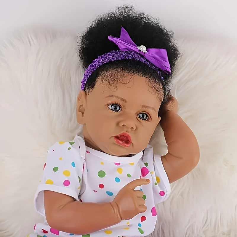 African American Reborn Baby Doll 21.5 Inch – Vinyl Black Doll with Beautiful Painted Pupils Full Set Curly Hair Handmade Hand-Painted Collectible Holiday Gift Ages 3+