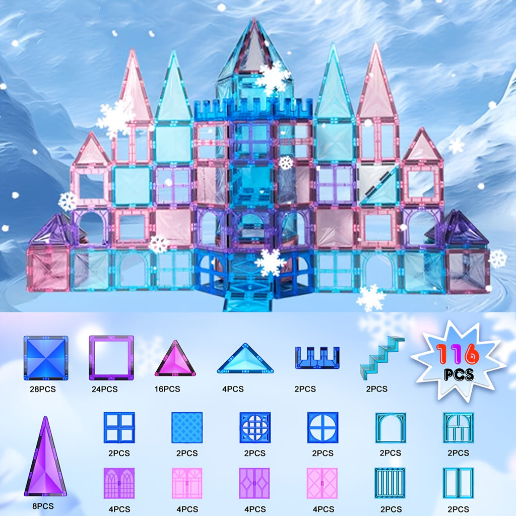 Magnetic Tiles for Kids 116pcs Castle STEM Building Blocks – 3D Magnetic Construction Pretend Castle Playset Preschool Learning Toy Gift for Boys Girls Age 3+