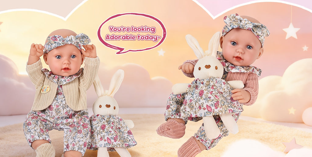 12 Inch Dress-Up Baby Doll Set with Floral Clothes Headscarf Socks & Toy Rabbit – Vinyl Girl Doll Playset for Kids Ages 3+ Birthday Christmas Gift (Beige & Pink)