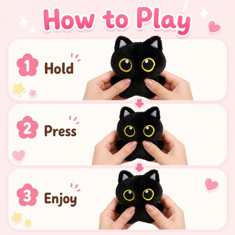 Big Eye Black Cat Plush Toy, Pocket-Sized Kitty Stuffed Animal for Desk and Bedroom Decor, Cute Cat Lover Birthday and Holiday Gift