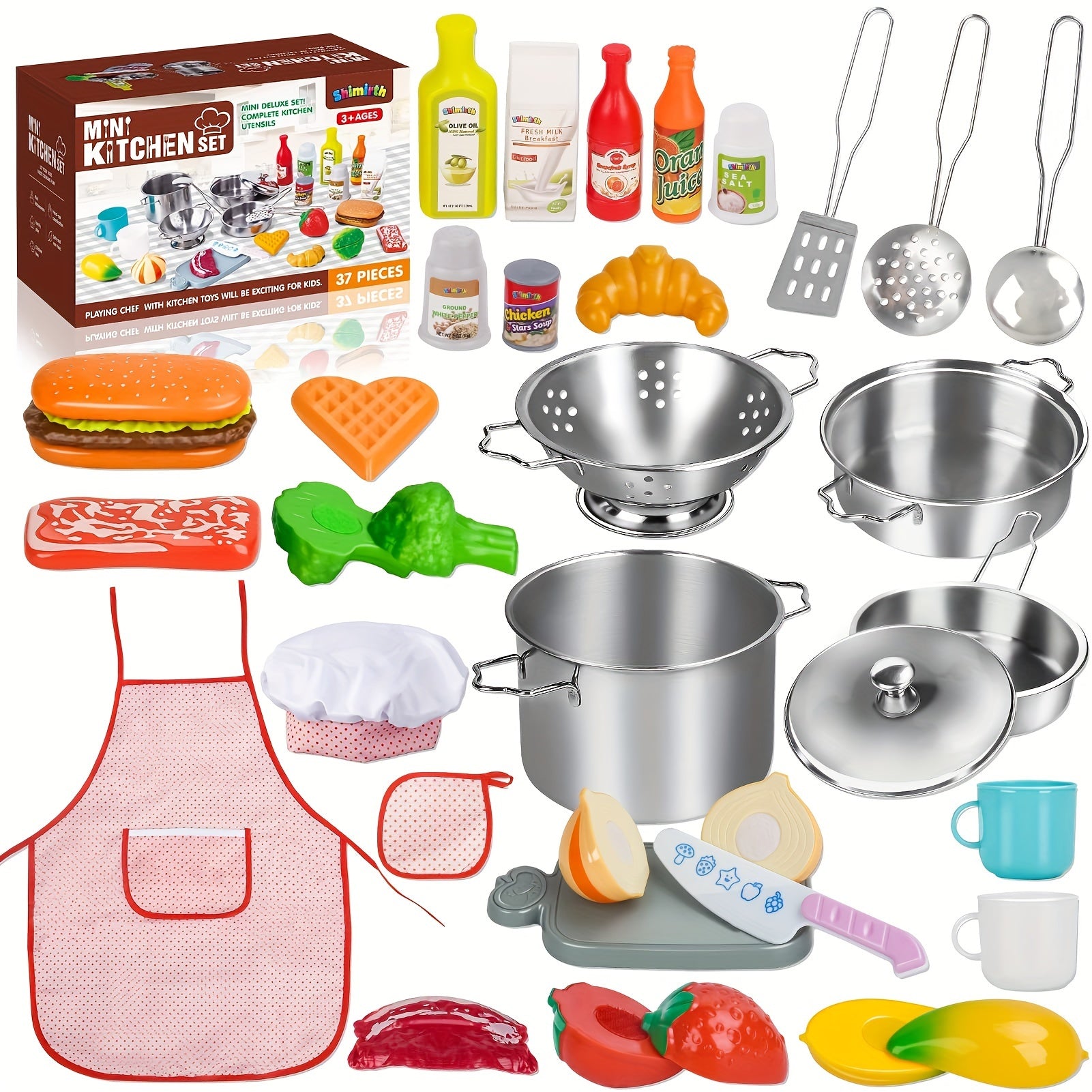 Kids Kitchen Toy Set 37-Piece, Stainless Steel Play Pots & Pans with Apron Chef Hat & Play Food, Pretend Cooking Playset, Birthday Gift for Boys Girls Toddlers
