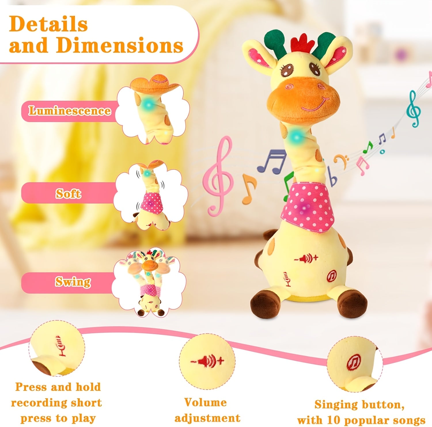 Dancing Talking Giraffe Toy for Baby Toddler 60 Songs Glowing Musical Stuffed Animal Repeats What You Say Interactive Gift for Boys Girls Ages 0 Months+