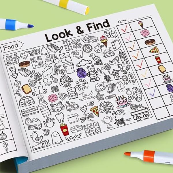 Look and Find Coloring Books for Kids Ages 3-4, 2-Pack Paper Activity Books with Hidden Object Scenes, Coloring Areas and Find-and-Mark Games for Travel
