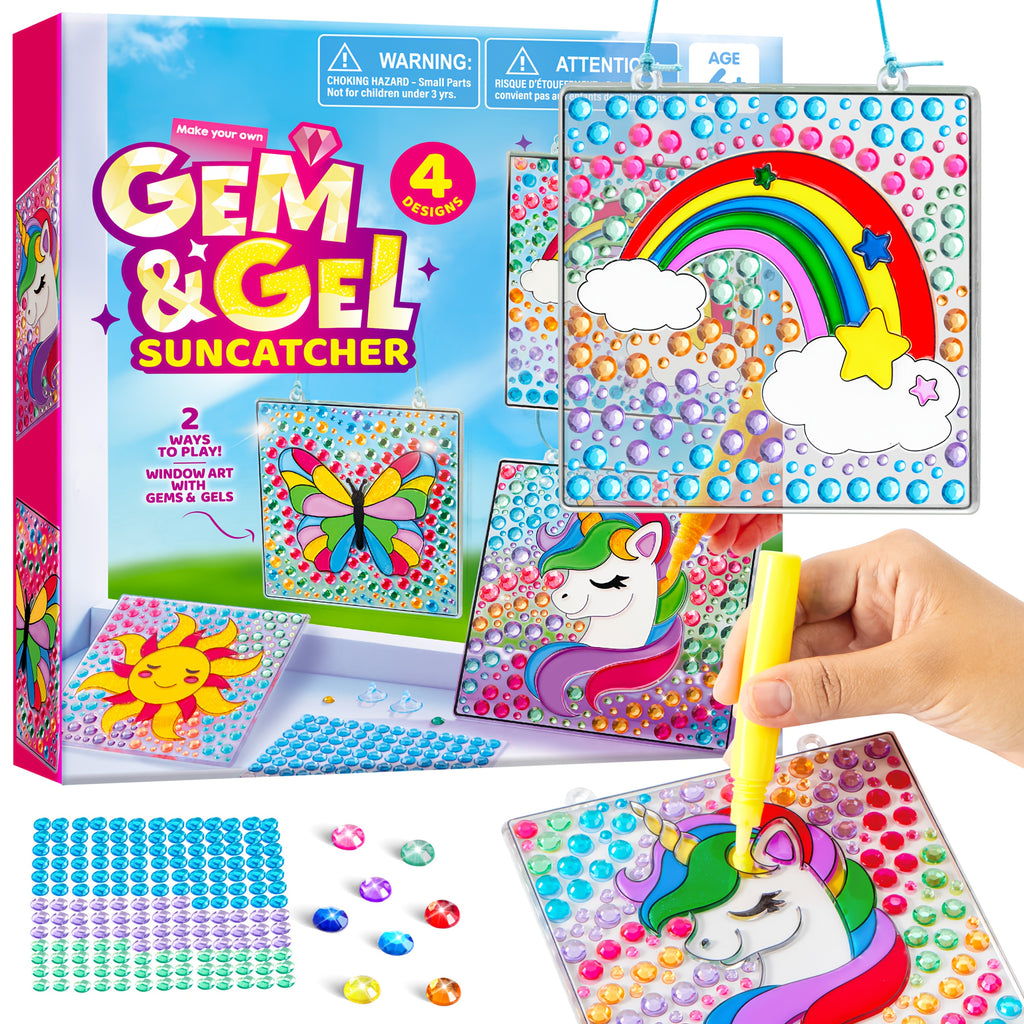 4-Piece Suncatcher Painting Kit 2-in-1 Gem Stickers and Window Paint Pens Butterfly Unicorn Rainbow Sun Designs Arts Crafts Gift for Girls Boys Ages 6 Plus