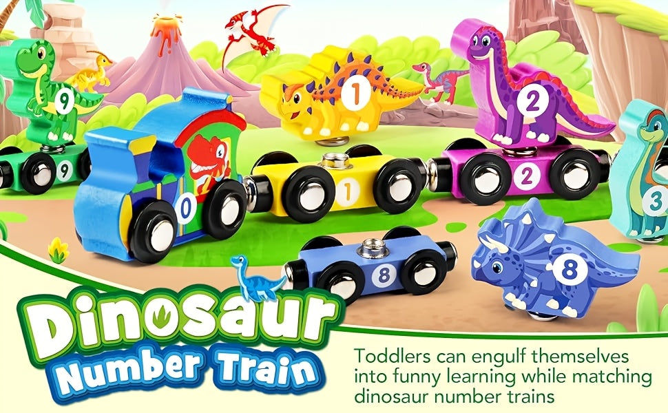 Dinosaur Magnetic Wooden Train Set 11pcs Number Learning - Educational STEM Toy for Toddlers Ages 3-5, Birthday Christmas Gift for Boys & Girls