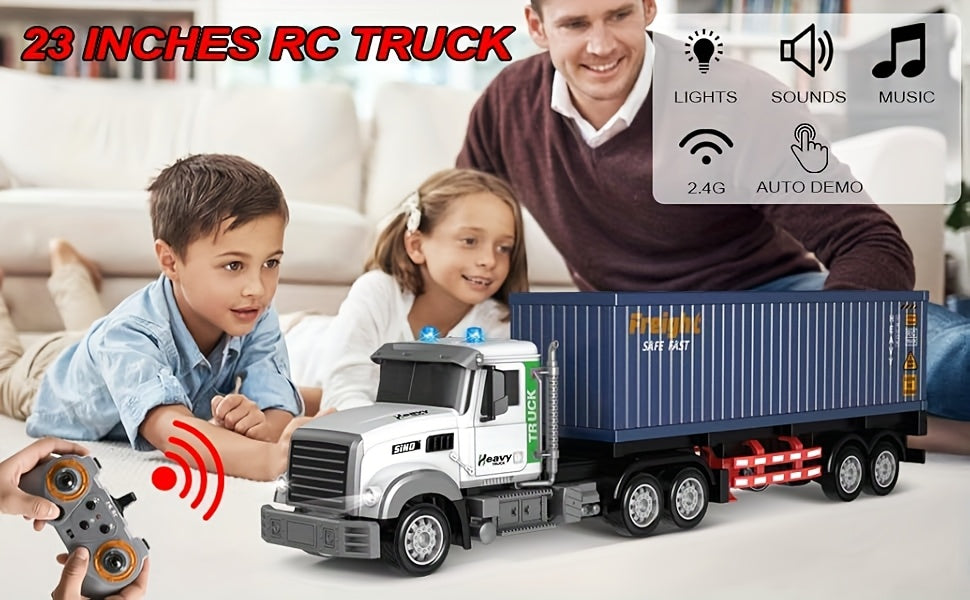 RC Semi Trailer Truck Toy 1:24 Scale 23.6 Inch LED Lights Music Detachable Trailer 2 Rechargeable Batteries Remote Control Cargo Truck Gift for Boys Girls Age 3+