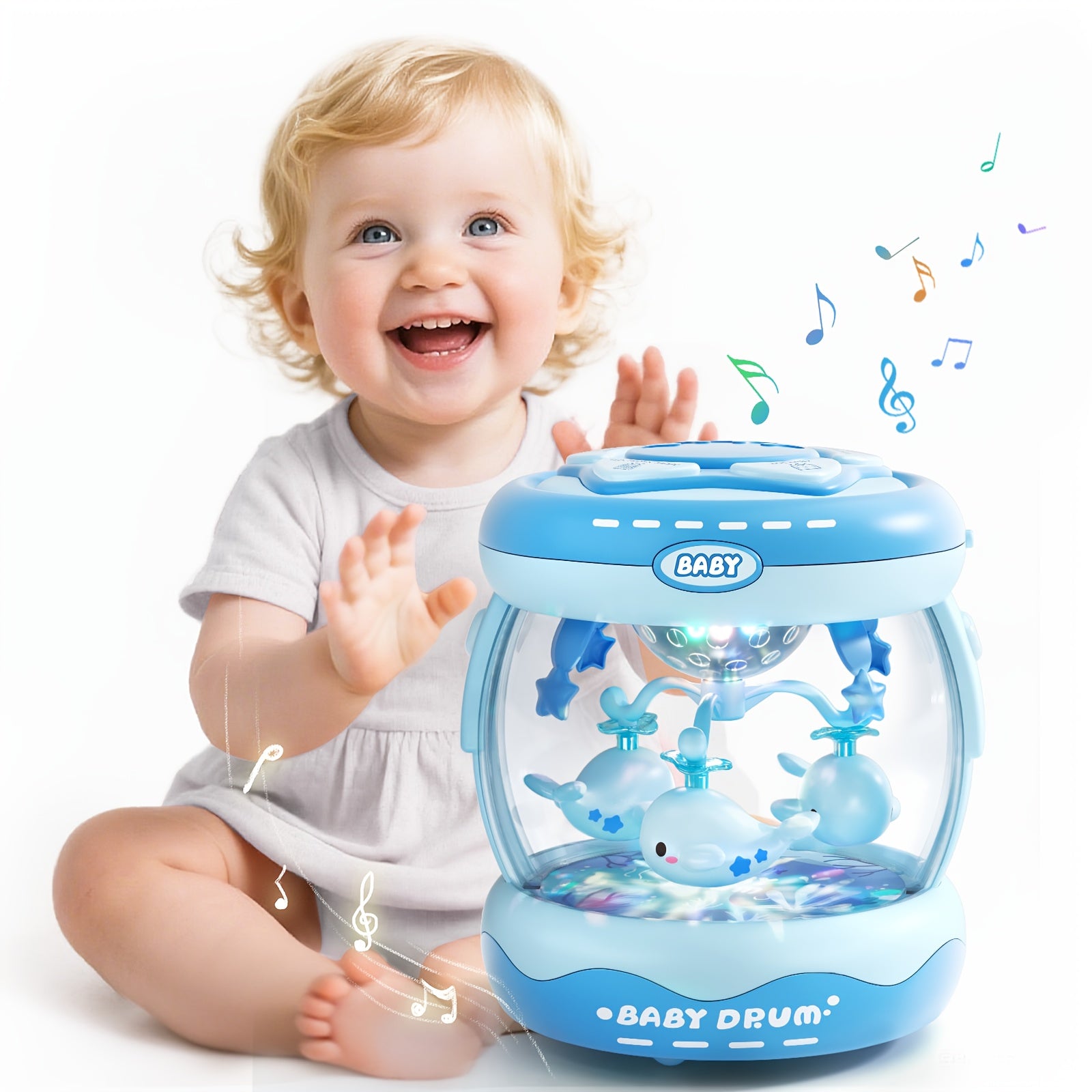 JOVOW Baby Rotating Projector Music Toy for 3 Months+ – Interactive Animal Sounds & Music, Multi-Functional Sensory Learning Toy for Infant Boys Girls, Party Music, Skills Development, Pink & Blue
