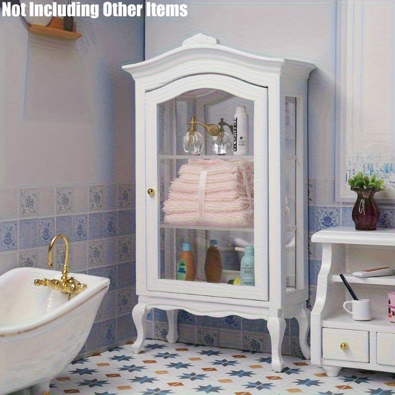 Dollhouse Display Cabinet Miniature White Wooden Hutch with Mirror 3 Glass Shelves Mini Furniture Decoration Photography Prop Wedding Scene Living Room Decor Gift
