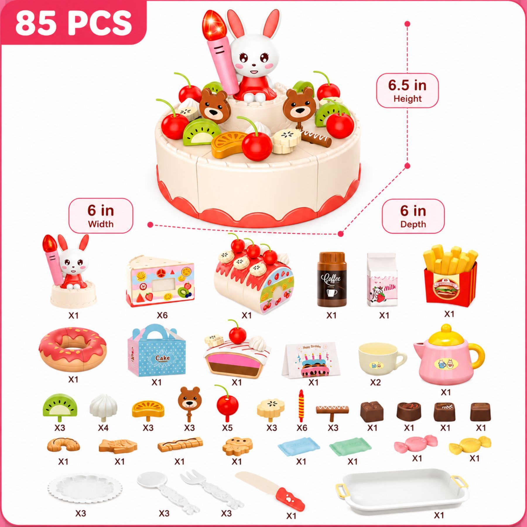 Birthday Cake Tea Party Play Food Toy Set Kids Pretend Play Cake Decorating Dessert Accessories 75-85pcs Girls Ages 3+
