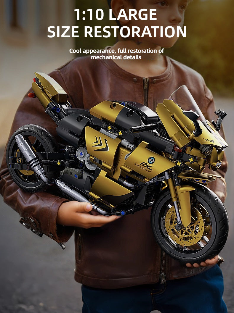 Motorcycle Building Blocks 1000pcs 1:10 Scale DIY Model Kit – Black & Gold Collectible Motorbike Display Ornament for Adults – Large Size Brick Set, Birthday & Christmas Gift for Motorcycle Fans