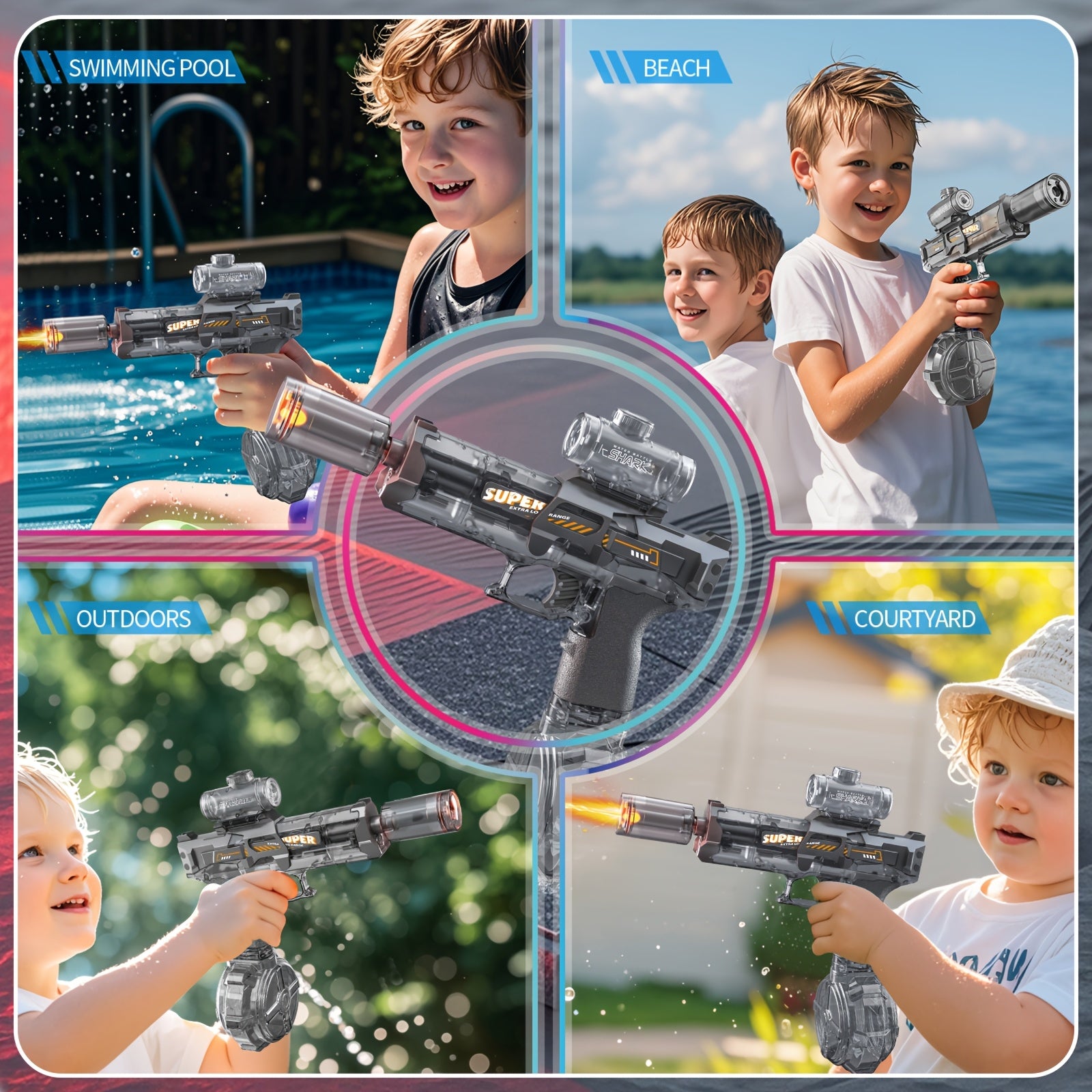 Electric Water Gun Handheld 32 Feet Range, Fire Pulse Flame Bubble Effect with LED Light & 2 Rechargeable Batteries, High Capacity Squirt Gun for Kids & Adults Pool Beach Backyard Outdoor Toy