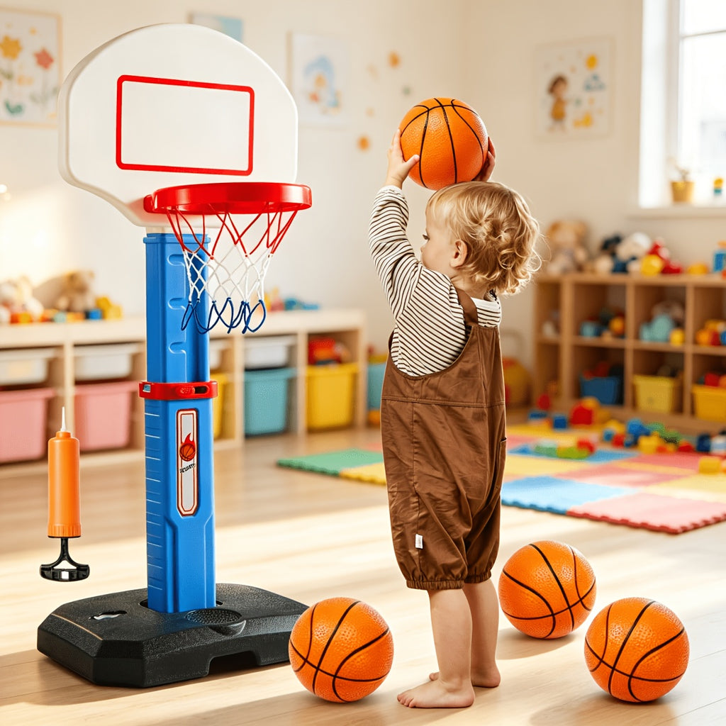 Adjustable Basketball Hoop Set for Kids with 4 Balls & Air Pump – Height 2.5–3.5 Ft, Indoor Outdoor Arcade Game, Sports Toy Gift for Boys & Girls Ages 3+