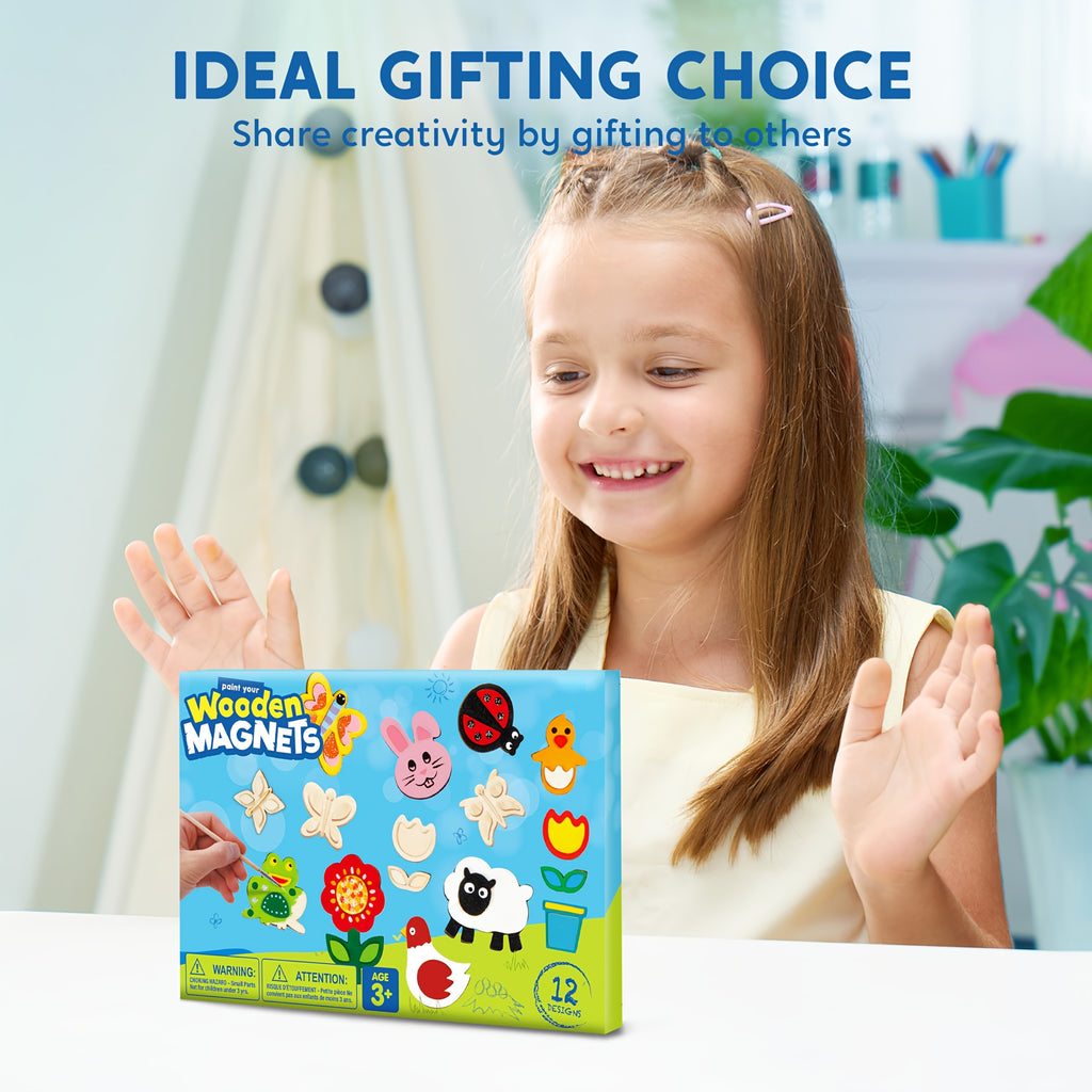 12 Wooden Magnet Painting Kit for Kids – DIY Arts & Crafts Set with Paint, Brush & Glitter Glue, Decorate Your Own Fridge Magnets, Easter Basket Stuffer, Birthday Party Favor for Boys Girls Ages 3+