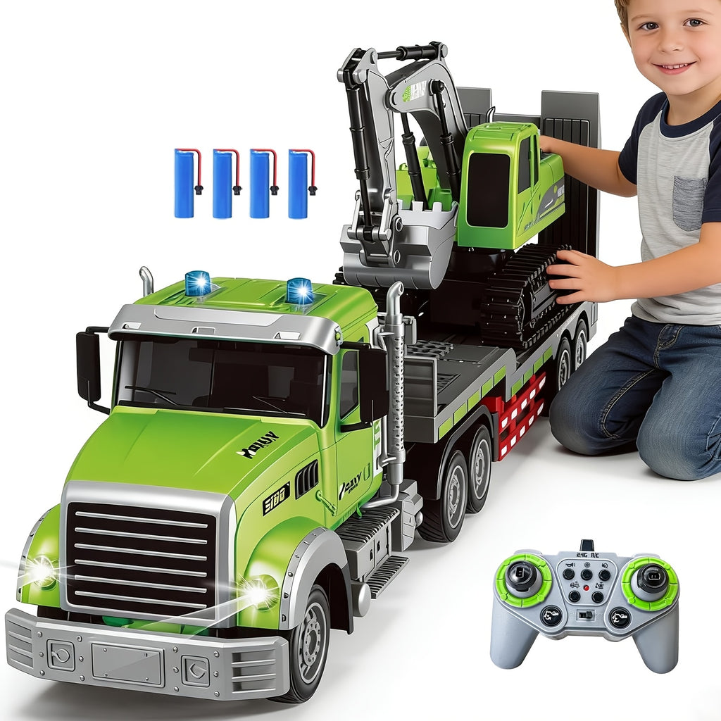 RC Semi Truck with Flatbed Trailer & Alloy Excavator 1:12 Scale 11-Channel - Construction Vehicle Set with Lights Sound, Engineering Toy Gift for Boys Ages 3+
