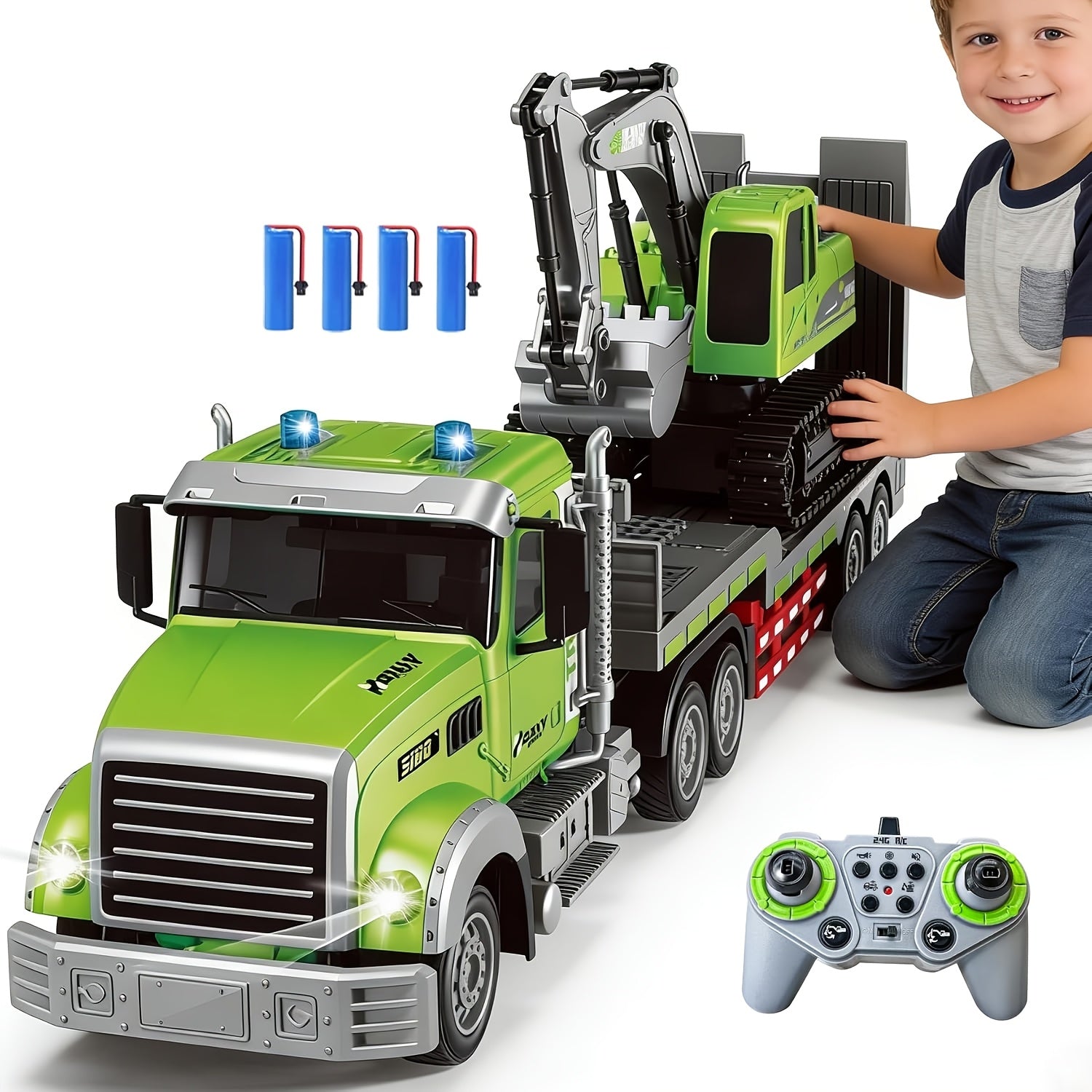 RC Semi Truck with Flatbed Trailer & Alloy Excavator 1:12 Scale 11-Channel - Construction Vehicle Set with Lights Sound, Engineering Toy Gift for Boys Ages 3+