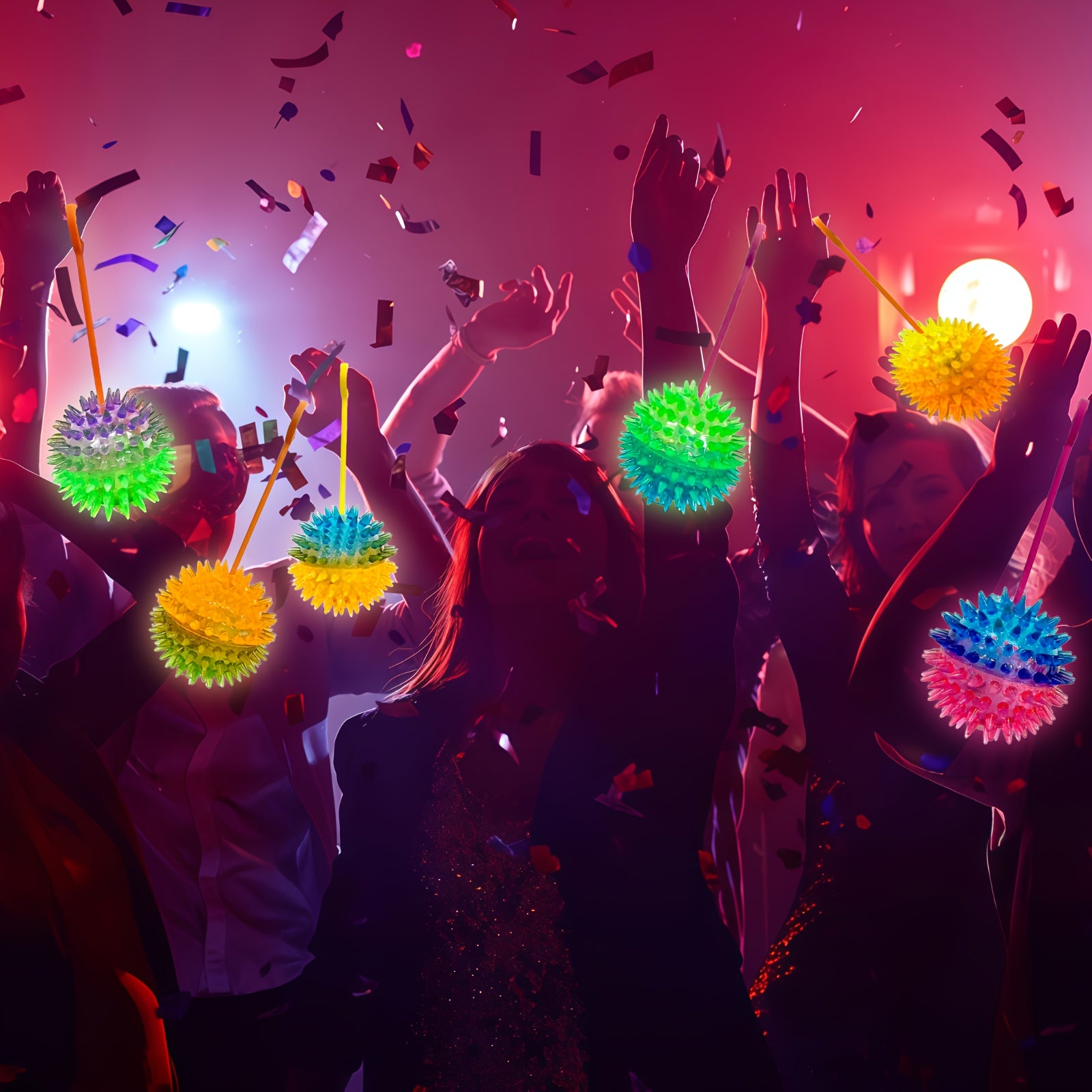 LED Light Up Inflatable Balls 28 Pcs Glow in the Dark - Spiky Sensory Balls on Rope, Party Favors for Kids Teens Adults, Carnival Decorations, Birthday Party Gift