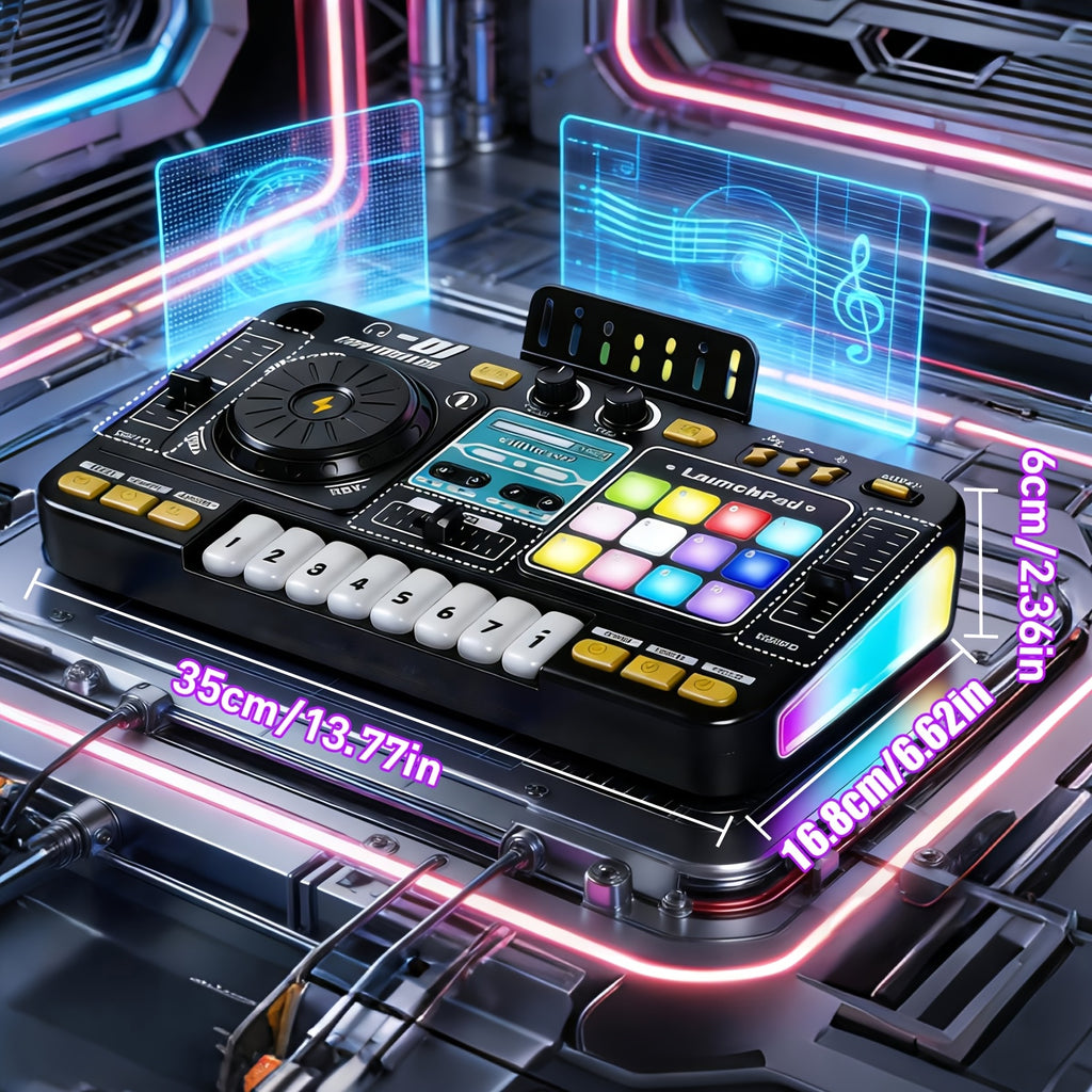 Kids DJ Mixer Toy Set with LED Lights Microphone Piano Keys 100+ Sound Effects Rechargeable Interactive Music Controller for Boys Girls Birthday Gift