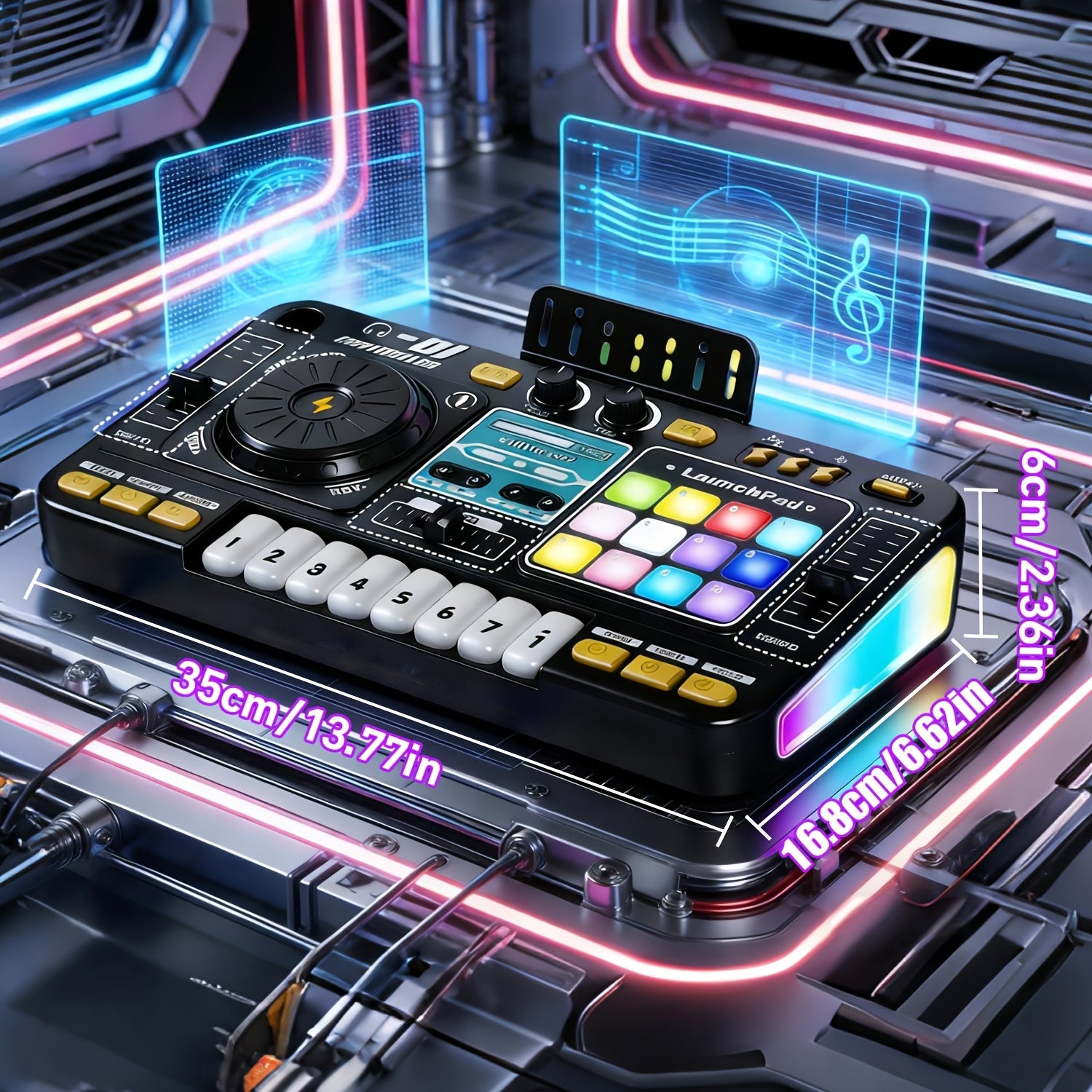 Kids DJ Mixer Toy Set with LED Lights Microphone Piano Keys 100+ Sound Effects Rechargeable Interactive Music Controller for Boys Girls Birthday Gift